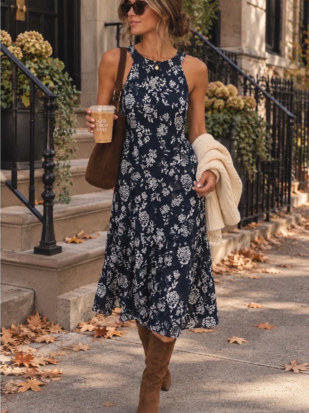 Tommy Hilfiger Navy and White Floral Halter Midi Dress